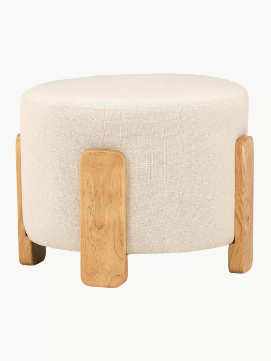 Hocker-Westwing Leinen-Hocker Coffey mit Holz-Füßen Webstoff Hellbeige, Gummibaumholz