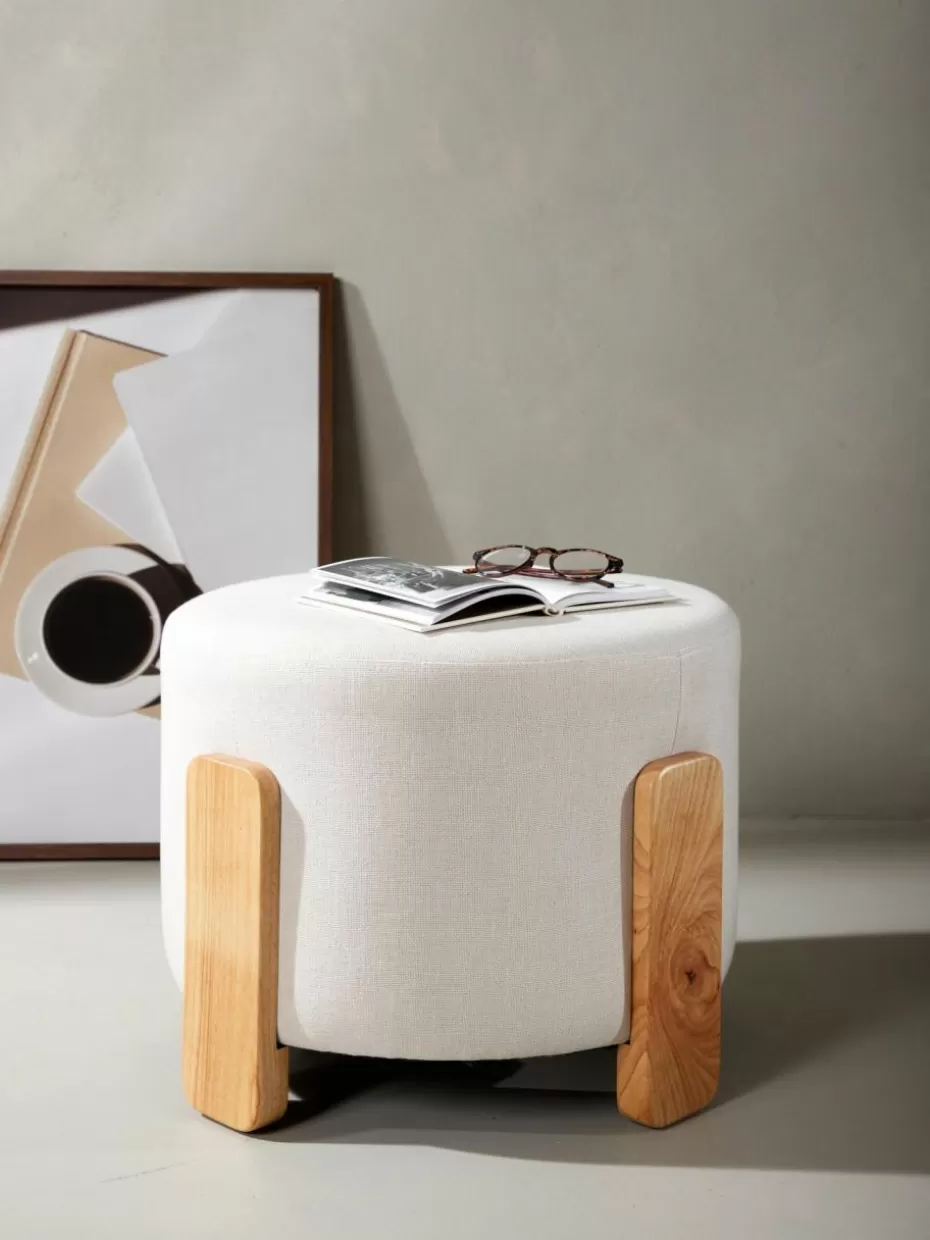 Hocker-Westwing Leinen-Hocker Coffey mit Holz-Füßen Webstoff Hellbeige, Gummibaumholz