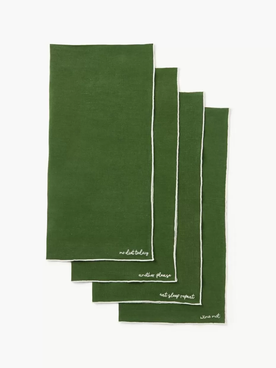 Weihnachtstischwäsche | Servietten-Westwing Collection Leinen-Servietten Cosmo mit Stickerei, 4 Stück Dunkelgrün