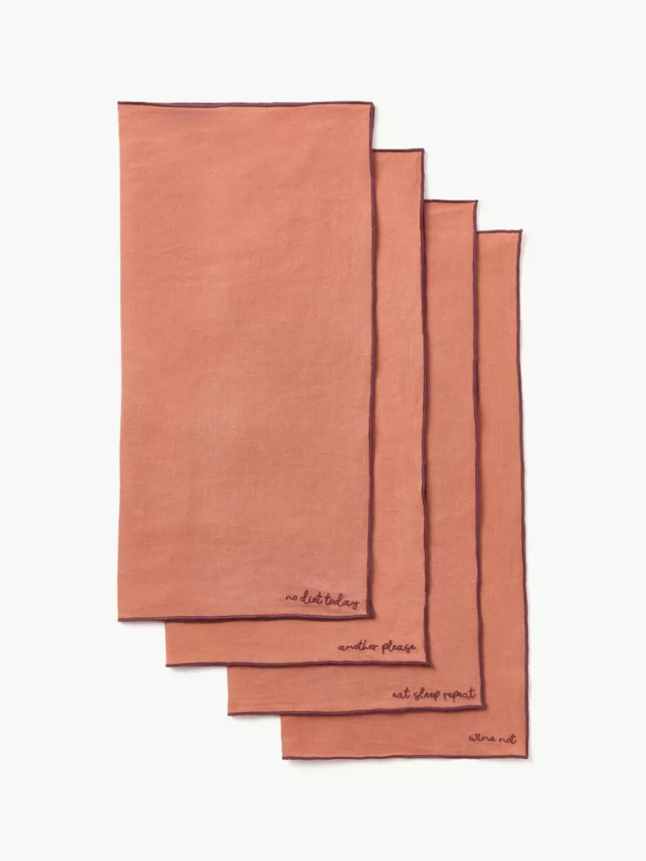 Weihnachtstischwäsche | Servietten-Westwing Collection Leinen-Servietten Cosmo mit Stickerei, 4 Stück Korallrot
