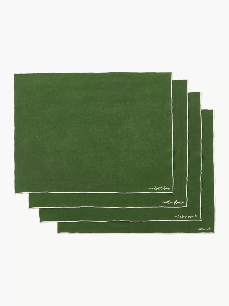 Weihnachtstischwäsche | Tischsets-Westwing Collection Leinen-Tischsets Cosmo mit Stickerei, 4 Stück Dunkelgrün
