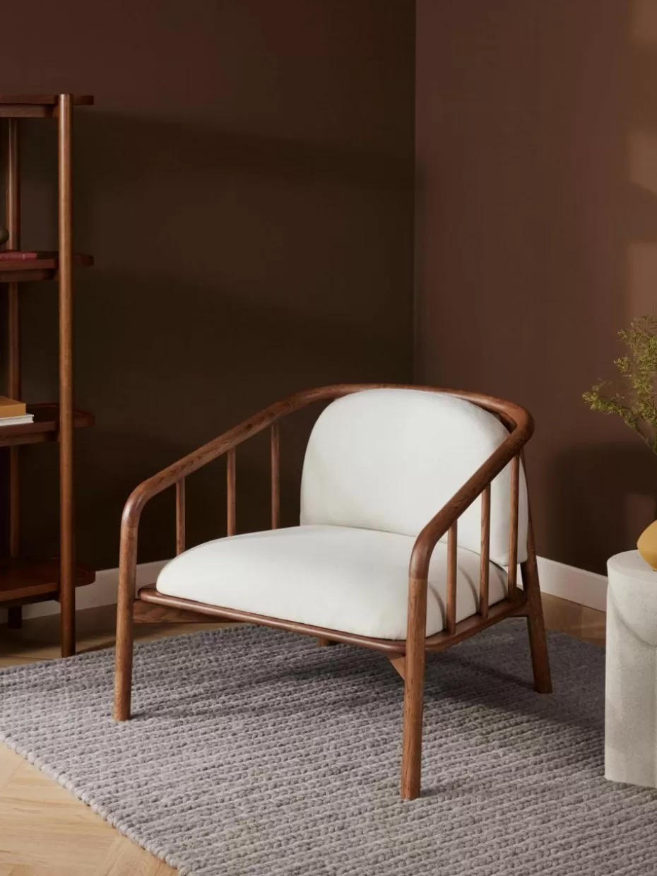 Sessel-Westwing Collection Loungesessel Balin aus Eichenholz Webstoff Hellbeige, dunkles Eichenholz