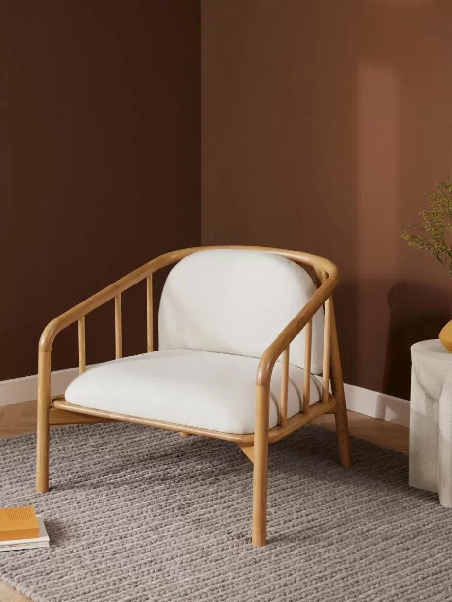 Sessel-Westwing Collection Loungesessel Balin aus Eichenholz Webstoff Hellbeige, helles Eichenholz