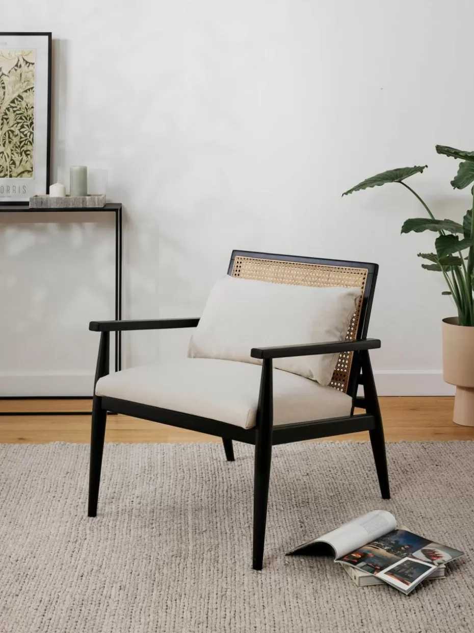 Sessel-Westwing Collection Loungesessel Manuell aus Birkenholz Webstoff Off White, Schwarz