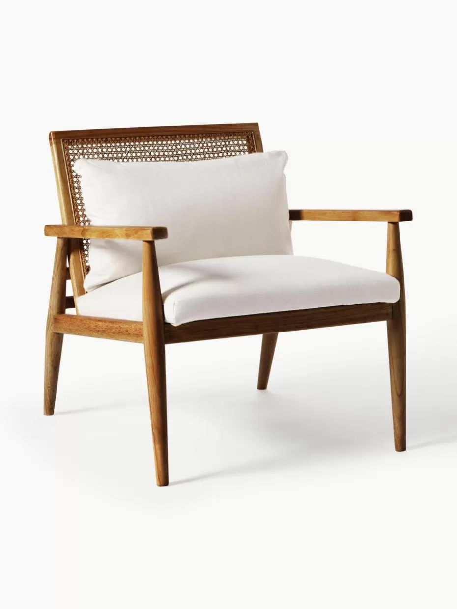 Sessel-Westwing Collection Loungesessel Manuell aus Gummibaumholz Webstoff Off White, Gummibaumholz dunkelbraun lackiert