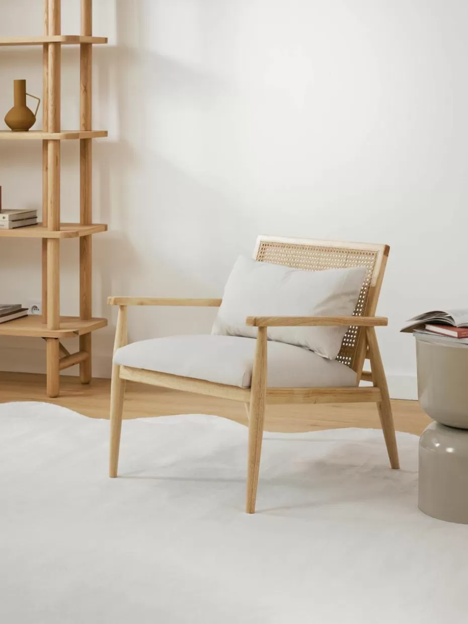 Sessel-Westwing Collection Loungesessel Manuell aus Gummibaumholz Webstoff Off White, Gummibaumholz