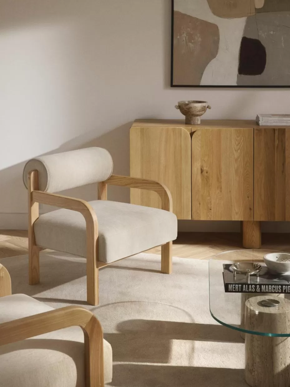 Sessel-Westwing Collection Loungesessel Raymond aus Eschenholz Webstoff Beige, helles Eschenholz