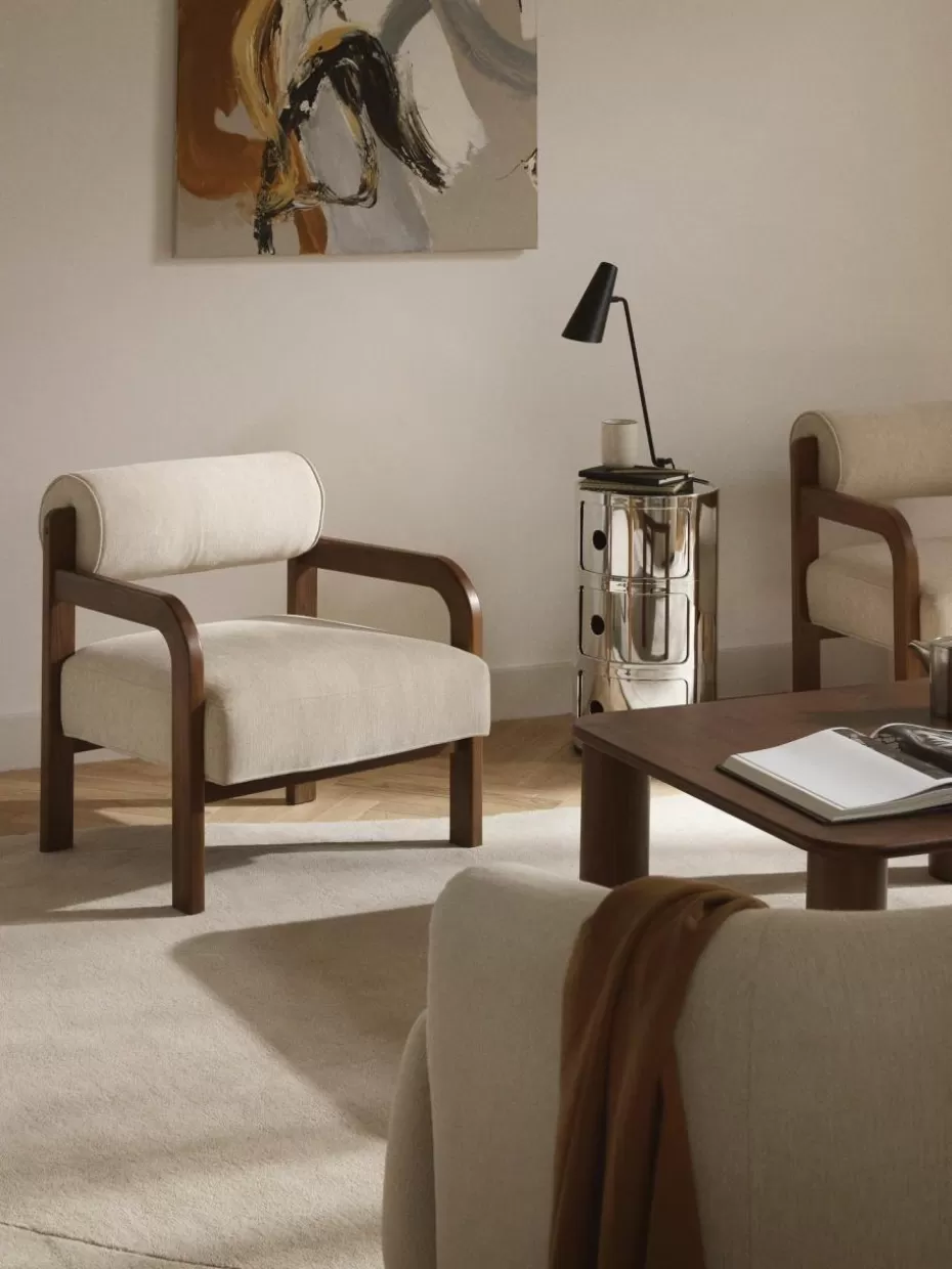Sessel-Westwing Collection Loungesessel Raymond aus Eschenholz Webstoff Beige, dunkles Eschenholz