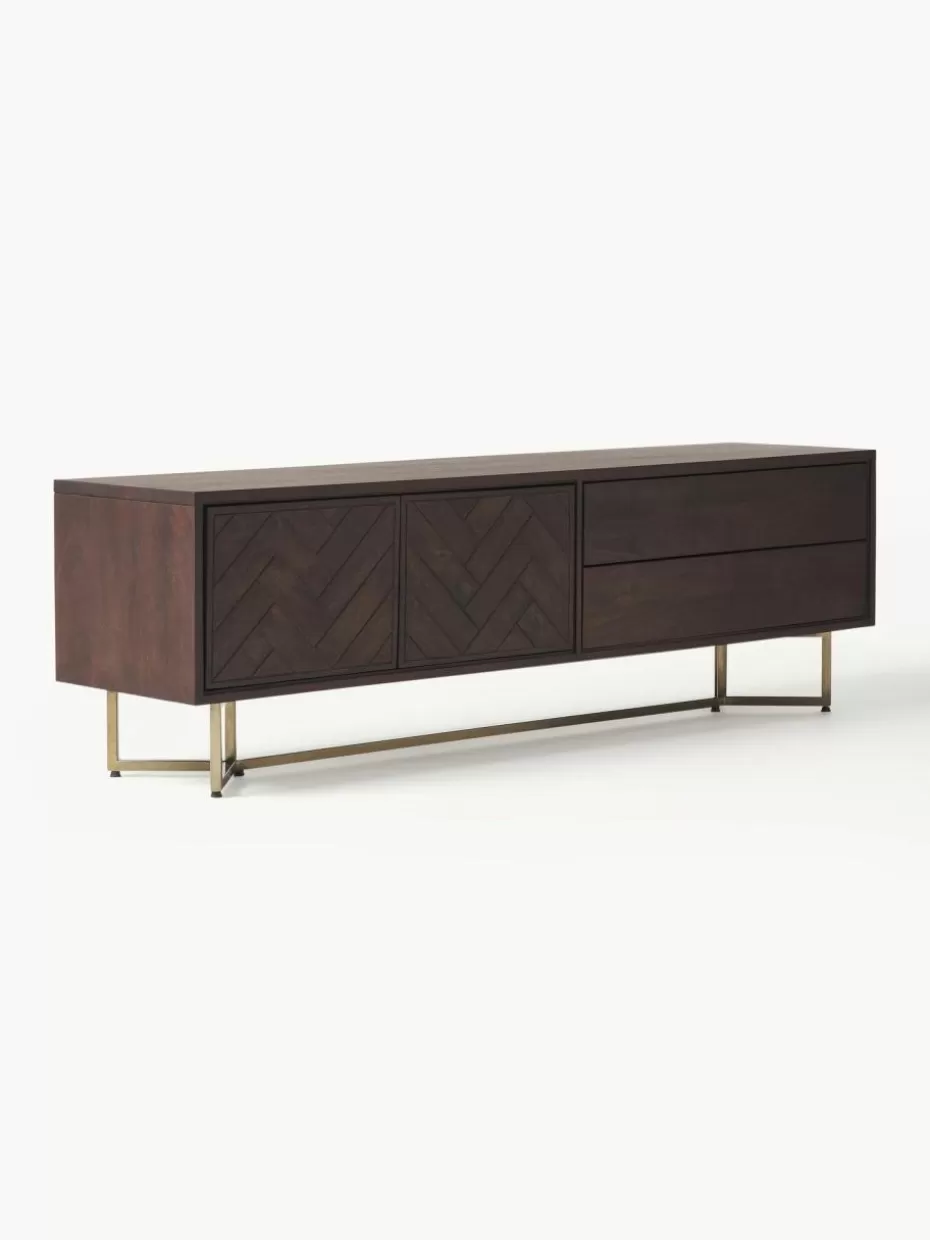 Kommoden & Sideboards-Westwing Collection Lowboard Luca aus Mangoholz mit Fischgrät-Muster Mangoholz, Goldfarben