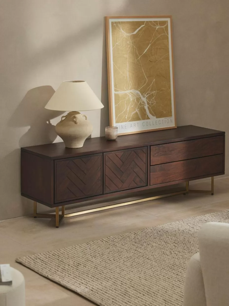 Kommoden & Sideboards-Westwing Collection Lowboard Luca aus Mangoholz mit Fischgrät-Muster Mangoholz, Goldfarben