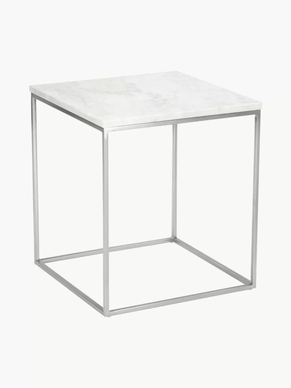 Beistelltische-Westwing Collection Marmor-Beistelltisch Alys Weiß marmoriert, Silberfarben