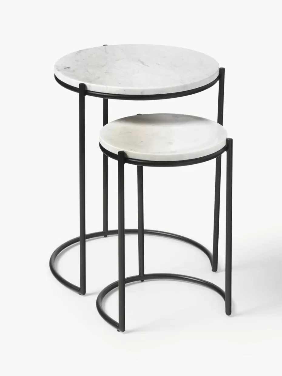 Beistelltische-Westwing Collection Marmor-Beistelltische Ella, 2er-Set Weiß, marmoriert, Schwarz