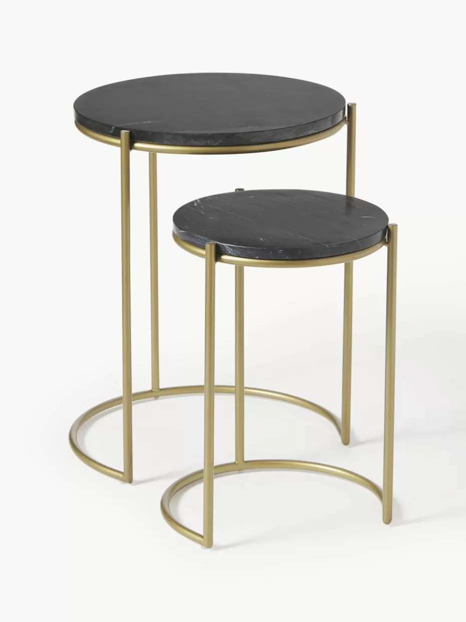 Beistelltische-Westwing Collection Marmor-Beistelltische Ella, 2er-Set Schwarz, marmoriert, Goldfarben