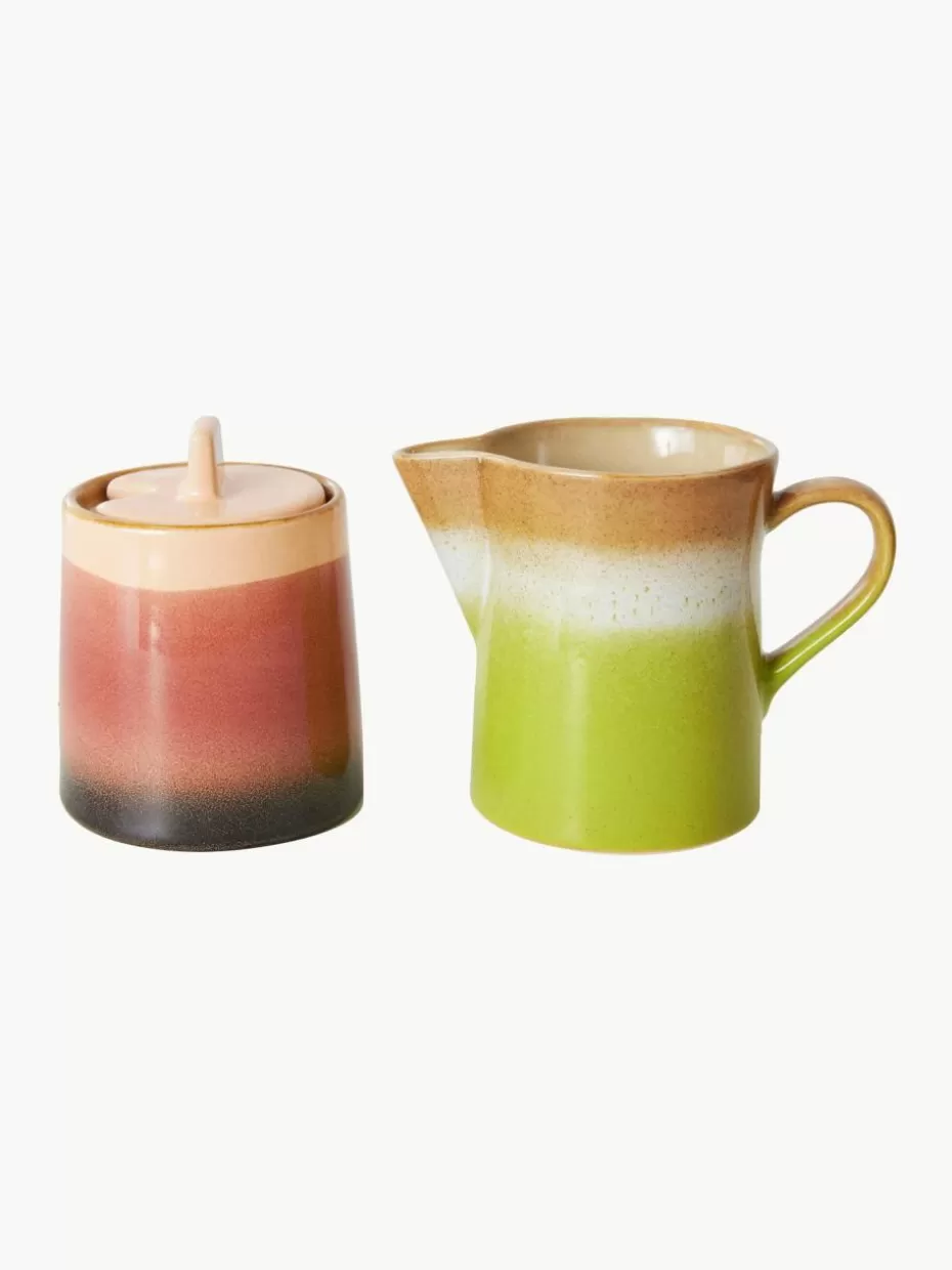 Geschirrserien-HKLIVING Milchkännchen und Zuckerdose 70's mit reaktiver Glasur, 2er-Set