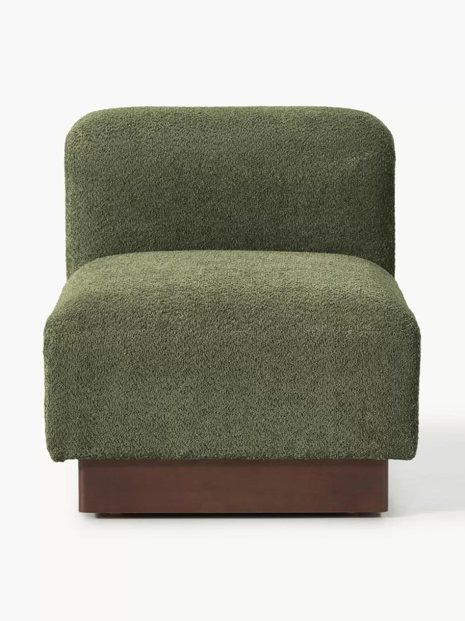 Sofas-Westwing Collection Mittelmodul Natalie aus Teddy-Bouclé Teddy-Bouclé Dunkelgrün, dunkles Buchenholz