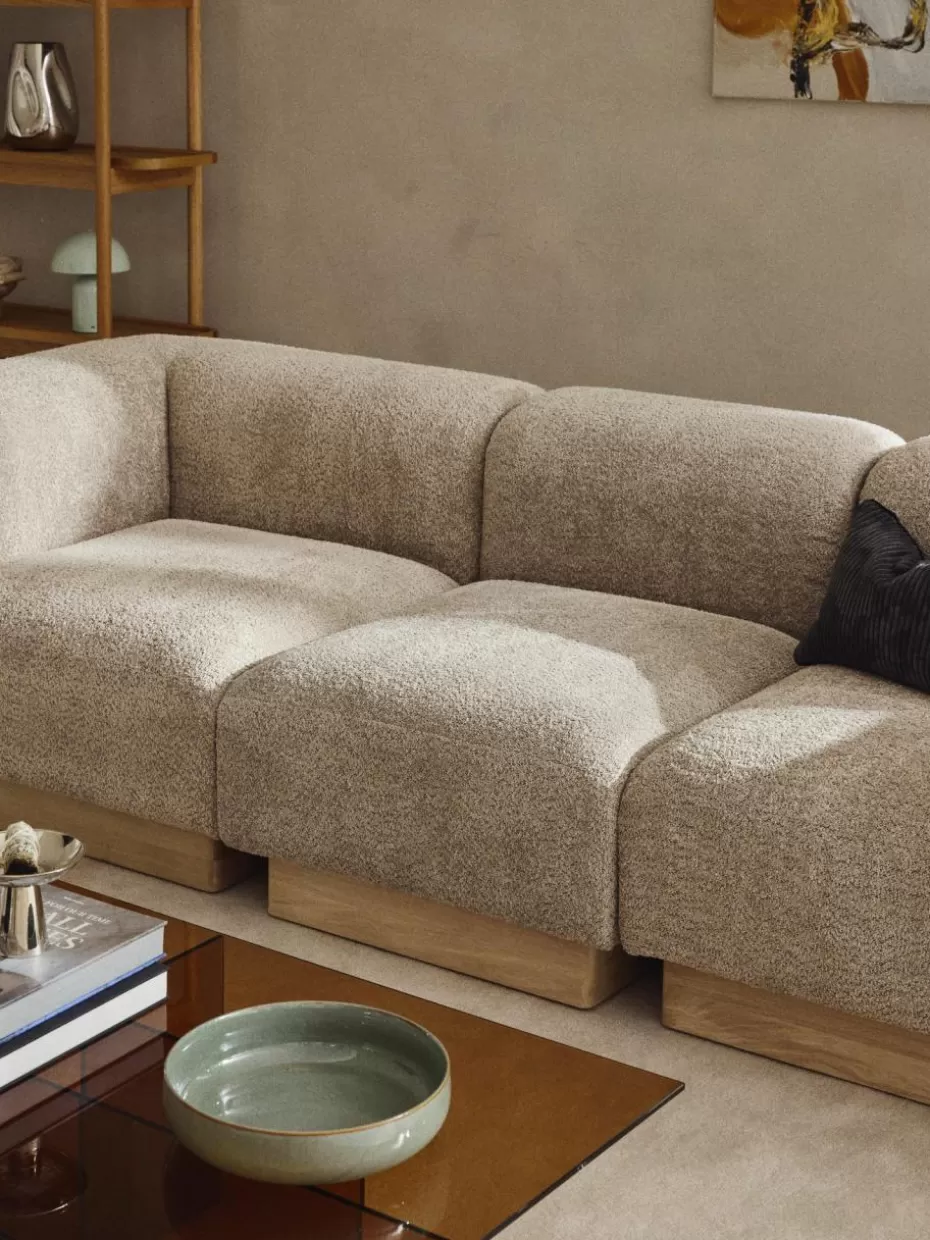 Sofas-Westwing Collection Mittelmodul Natalie aus Teddy-Bouclé Teddy-Bouclé Beige, helles Buchenholz