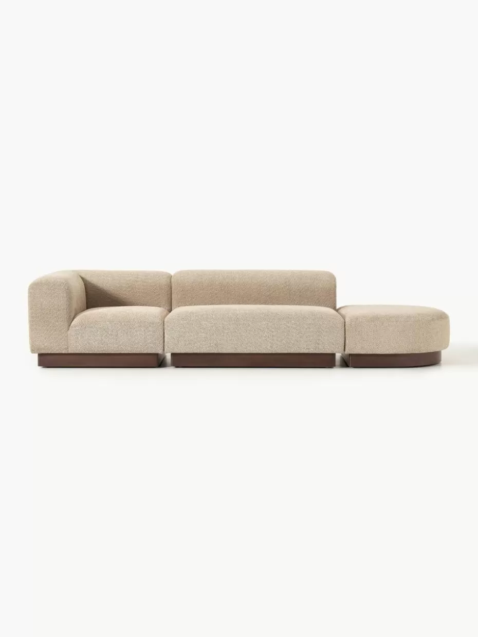 Sofas-Westwing Collection Modulare Ottomane Natalie aus Teddy-Bouclé Teddy-Bouclé Beige, dunkles Buchenholz