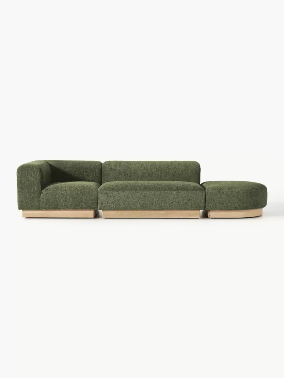 Sofas-Westwing Collection Modulare Ottomane Natalie aus Teddy-Bouclé Teddy-Bouclé Dunkelgrün, helles Buchenholz