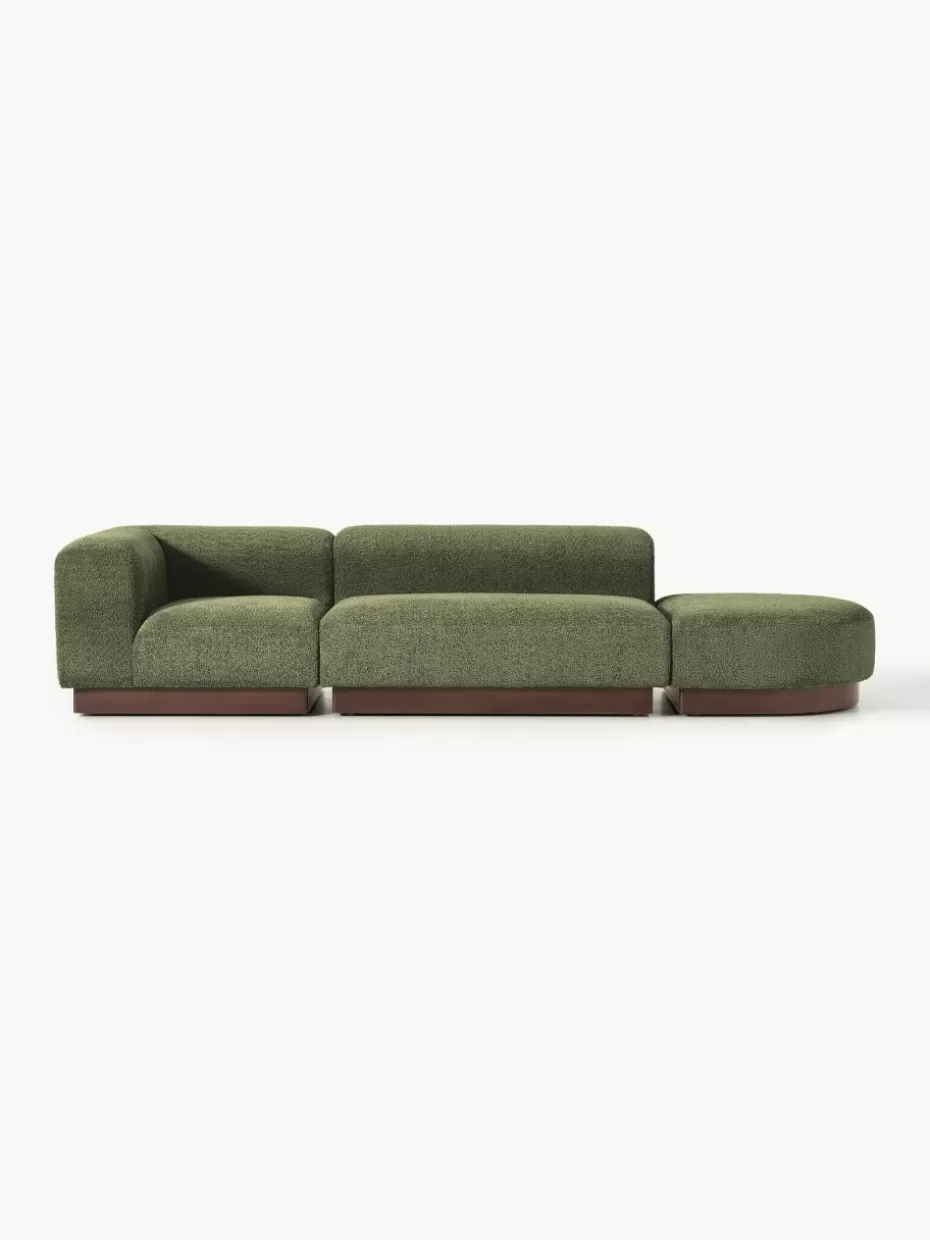 Sofas-Westwing Collection Modulare Ottomane Natalie aus Teddy-Bouclé Teddy-Bouclé Dunkelgrün, dunkles Buchenholz