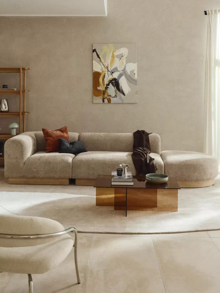 Sofas-Westwing Collection Modulare Ottomane Natalie aus Teddy-Bouclé Teddy-Bouclé Beige, helles Buchenholz