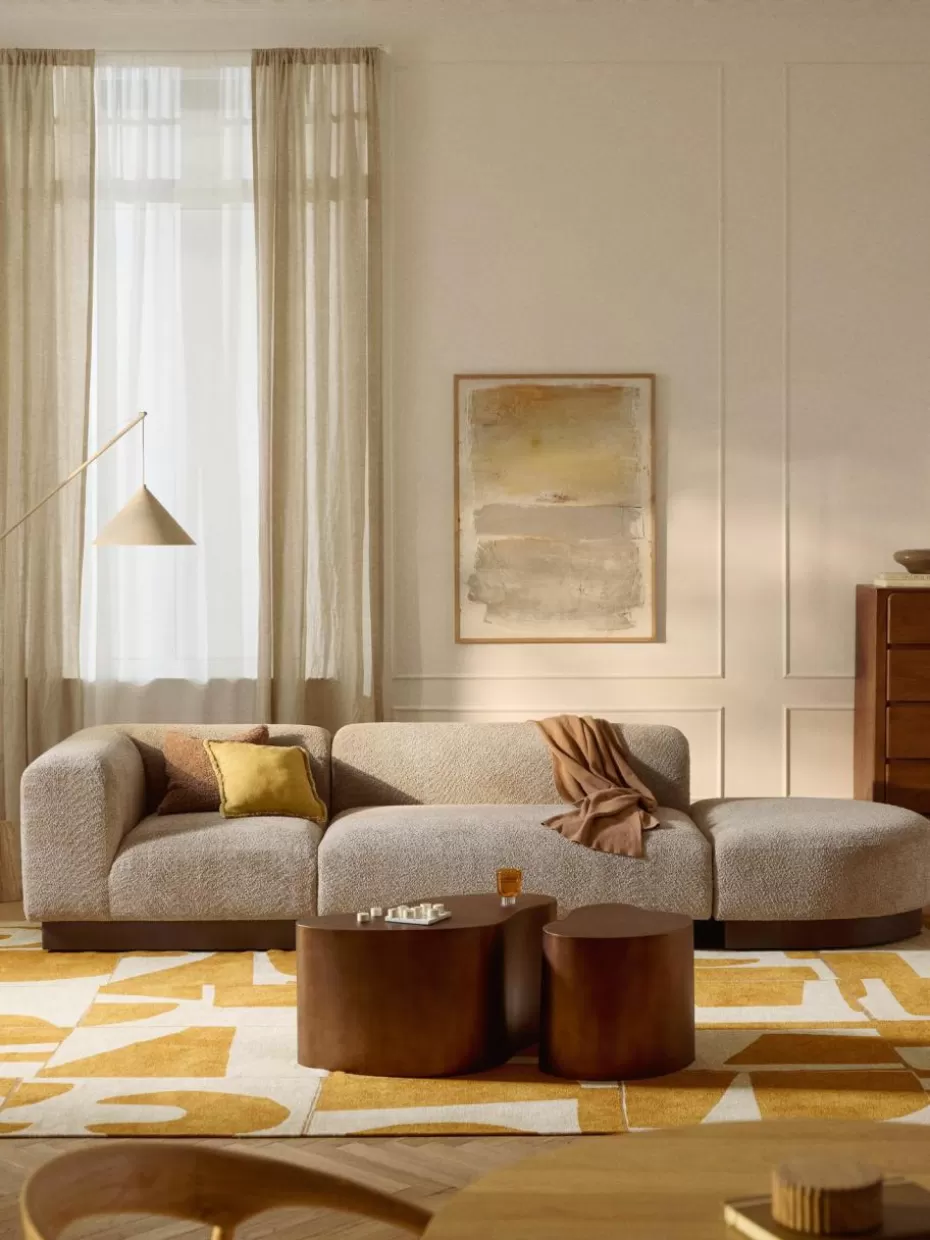 Sofas-Westwing Collection Modulare Ottomane Natalie aus Teddy-Bouclé Teddy-Bouclé Beige, dunkles Buchenholz