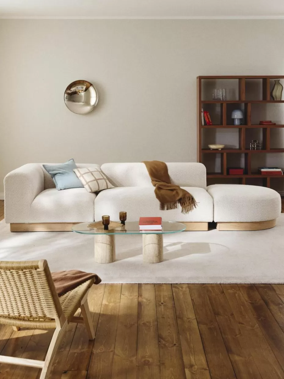 Sofas-Westwing Collection Modulare Ottomane Natalie aus Teddy-Bouclé Teddy-Bouclé Off White, helles Buchenholz