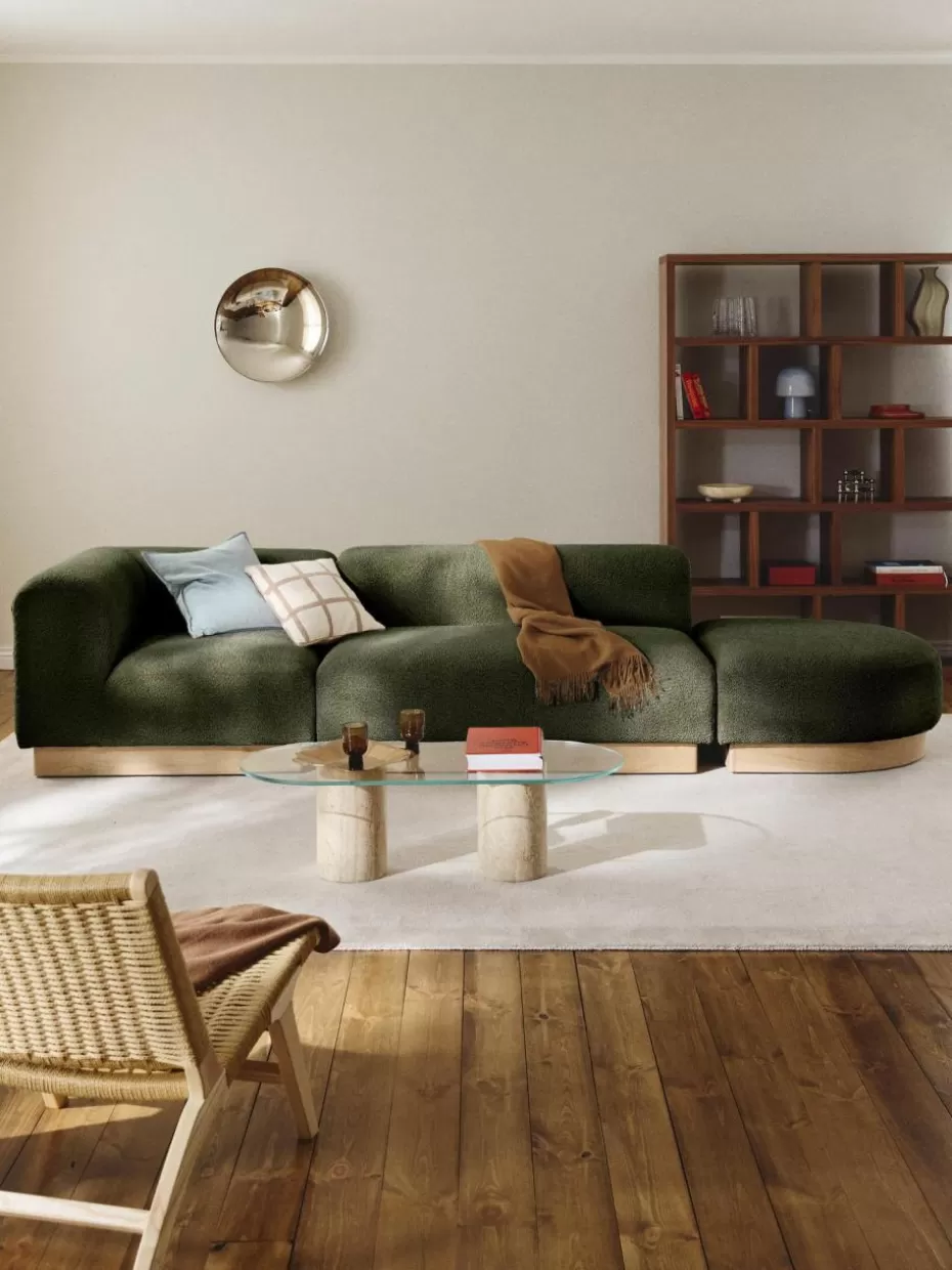 Sofas-Westwing Collection Modulare Ottomane Natalie aus Teddy-Bouclé Teddy-Bouclé Dunkelgrün, helles Buchenholz