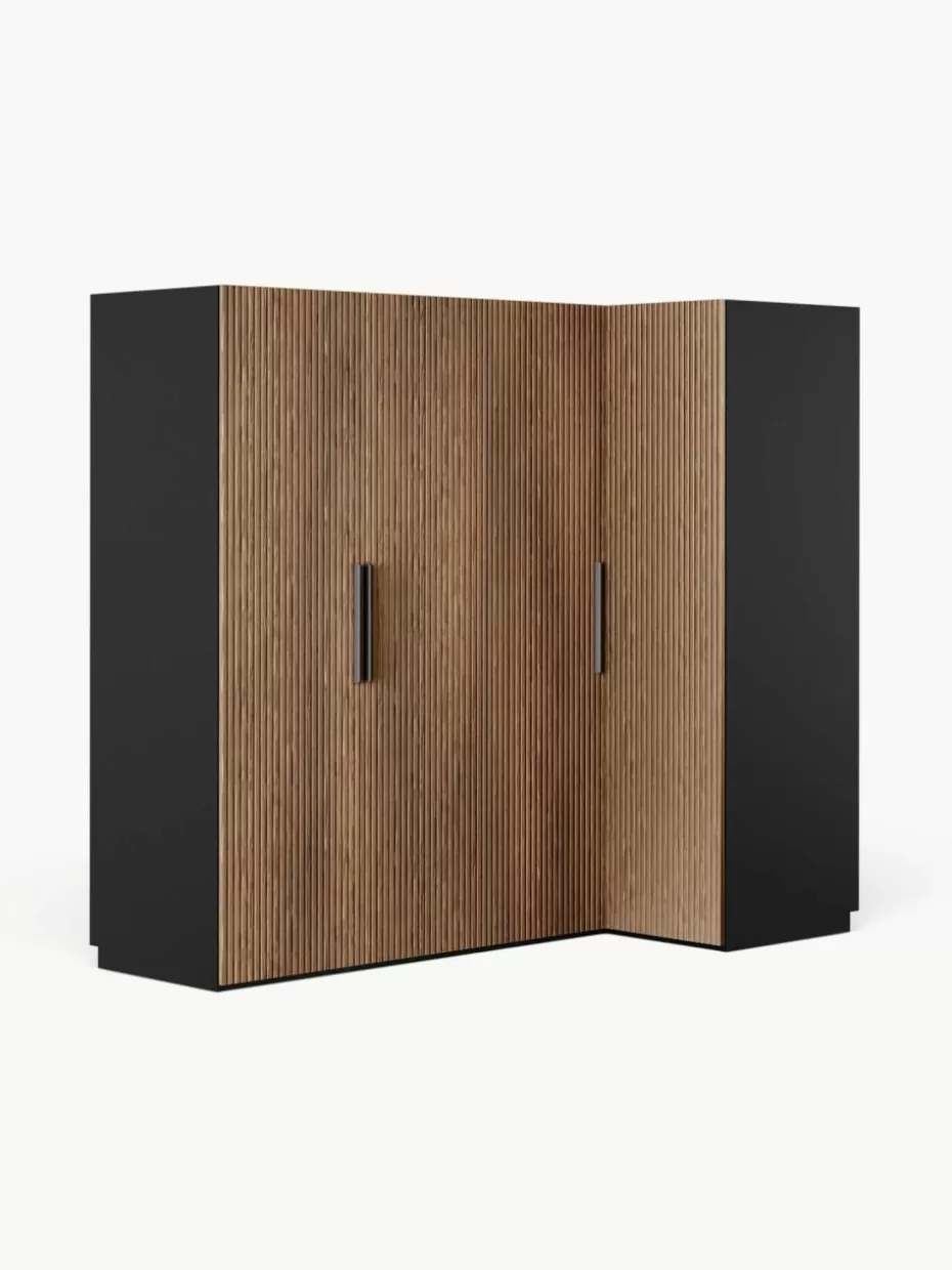 Kleiderschränke-Westwing Collection Modularer Eck-Kleiderschrank Simone, 215 cm Breite, mehrere Varianten Walnussholz-Optik, Schwarz