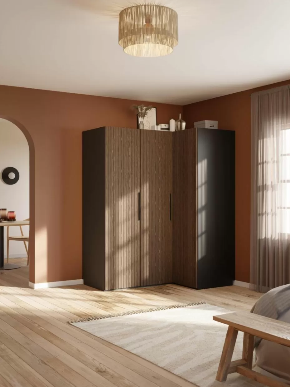 Kleiderschränke-Westwing Collection Modularer Eck-Kleiderschrank Simone, 165 cm Breite, mehrere Varianten Walnussholz-Optik, Schwarz