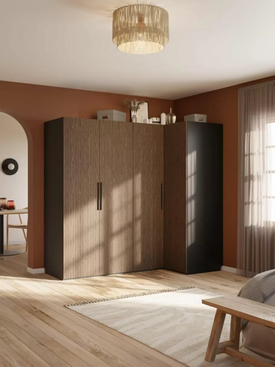 Kleiderschränke-Westwing Collection Modularer Eck-Kleiderschrank Simone, 215 cm Breite, mehrere Varianten Walnussholz-Optik, Schwarz