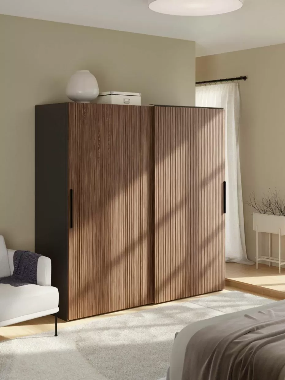 Kleiderschränke-Westwing Collection Modularer Schwebetürenschrank Simone, 200 cm Breite, mehrere Varianten Walnuss-Optik, Schwarz