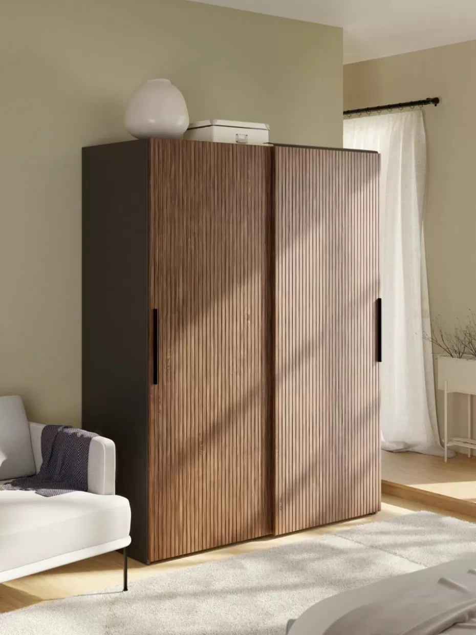 Kleiderschränke-Westwing Collection Modularer Schwebetürenschrank Simone, 150 cm Breite, mehrere Varianten Walnussholz-Optik, Schwarz