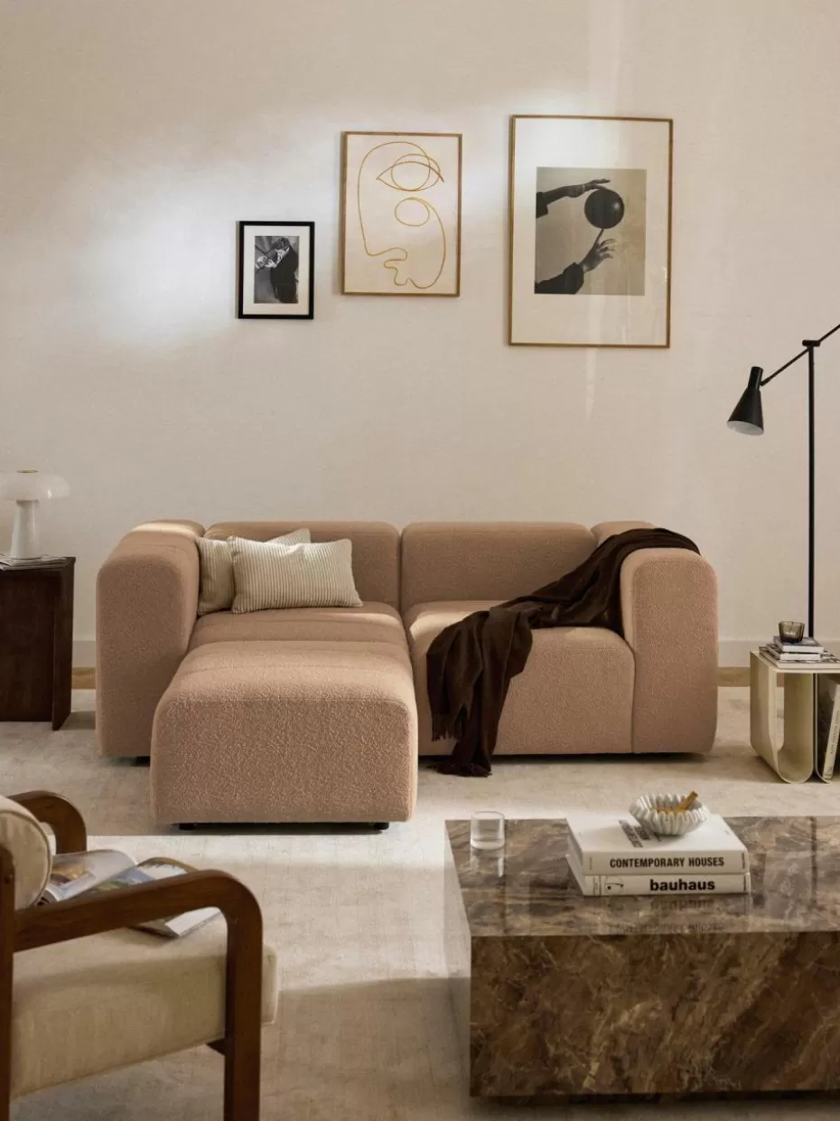 Sofaserien-Westwing Collection Modulares Bouclé-Sofa Lena (3-Sitzer) mit Hocker (links/rechts) Bouclé Beige