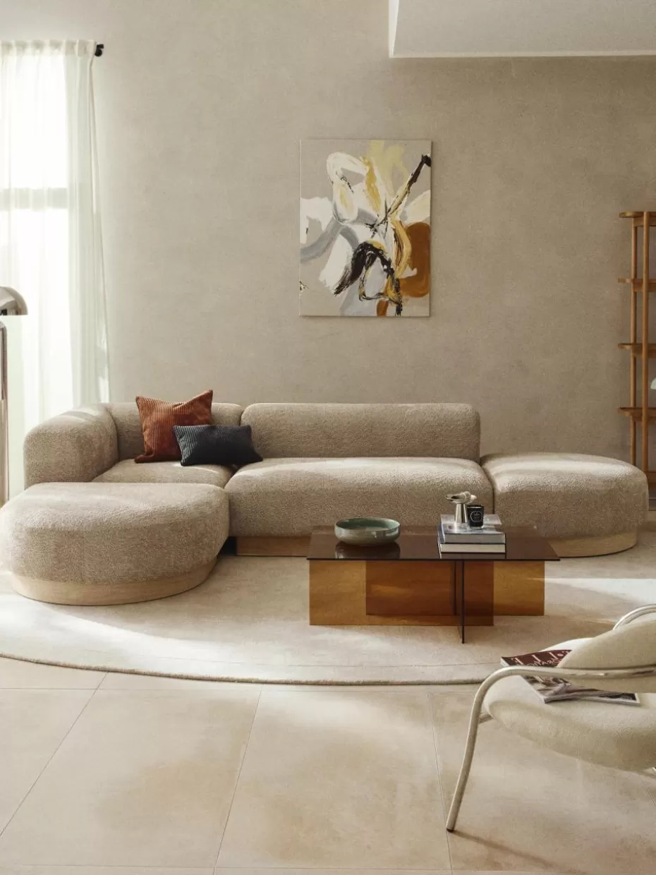 Sofas-Westwing Collection Modulares Ecksofa Natalie aus Teddy-Bouclé Teddy-Bouclé Beige, helles Buchenholz