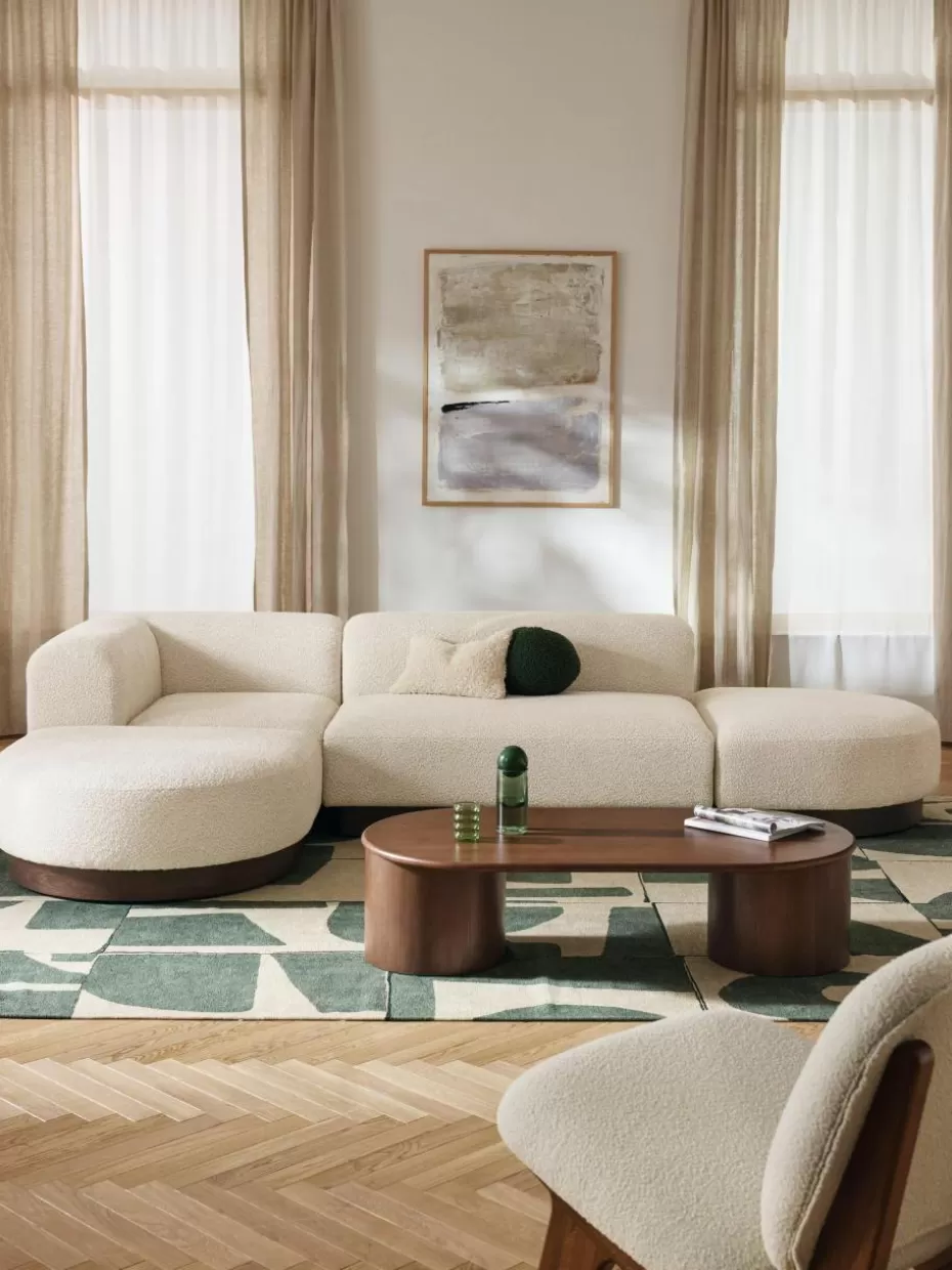 Sofas-Westwing Collection Modulares Ecksofa Natalie aus Teddy-Bouclé Teddy-Bouclé Off White, dunkles Buchenholz
