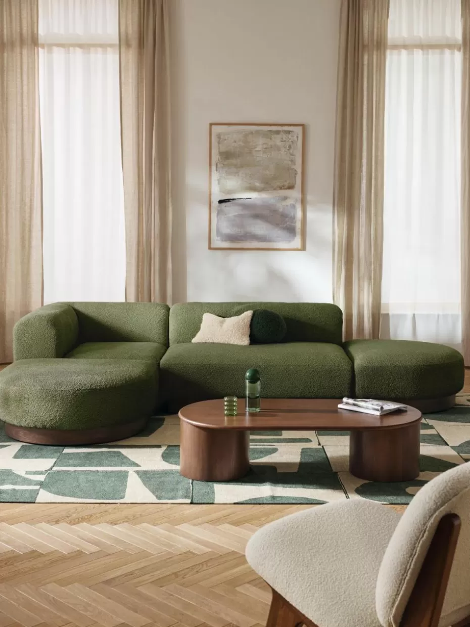 Sofas-Westwing Collection Modulares Ecksofa Natalie aus Teddy-Bouclé Teddy-Bouclé Dunkelgrün, dunkles Buchenholz