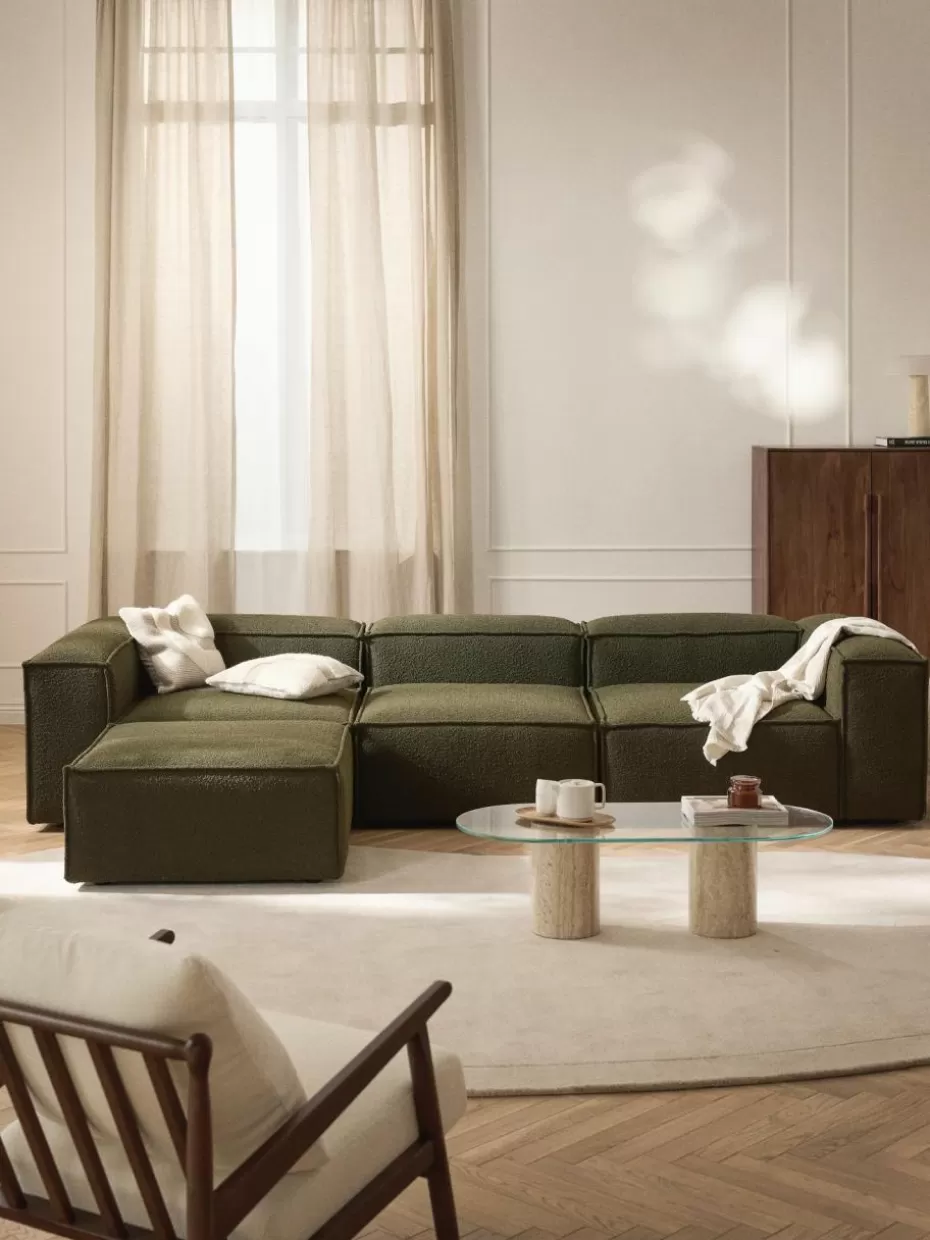 Sofas | Sofaserien-Westwing Collection Modulares Sofa Lennon (4-Sitzer) aus Bouclé mit Hocker (links/rechts) Bouclé Olivgrün