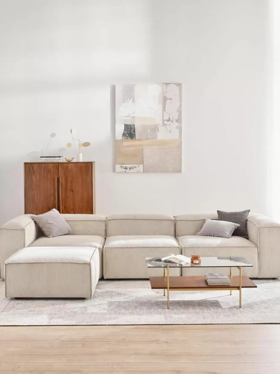 Sofas | Sofaserien-Westwing Collection Modulares Sofa Lennon (4-Sitzer) aus Cord mit Hocker (links/rechts) Cord Hellbeige