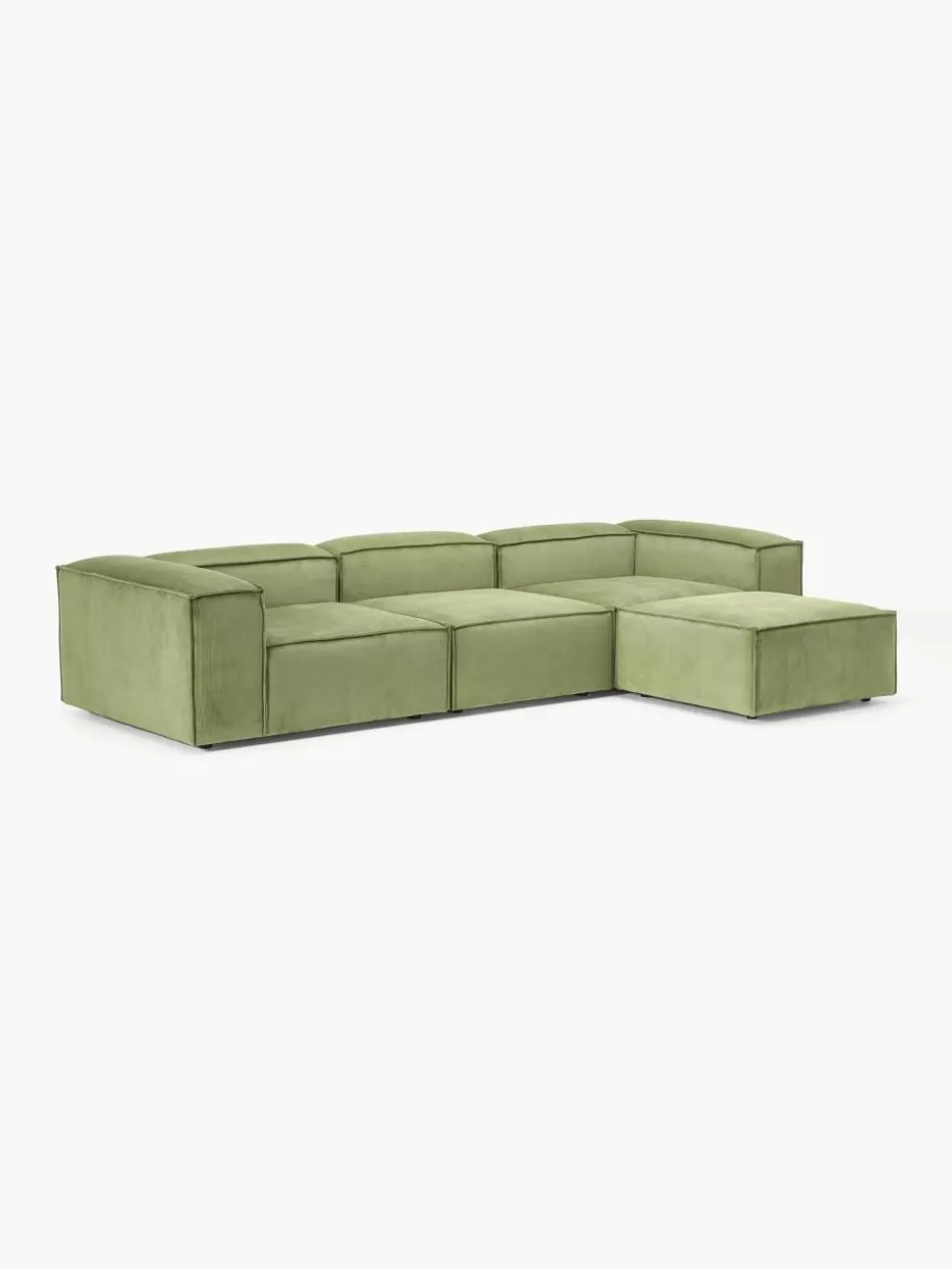 Sofas | Sofaserien-Westwing Collection Modulares Sofa Lennon (4-Sitzer) aus Cord mit Hocker (links/rechts) Cord Olivgrün
