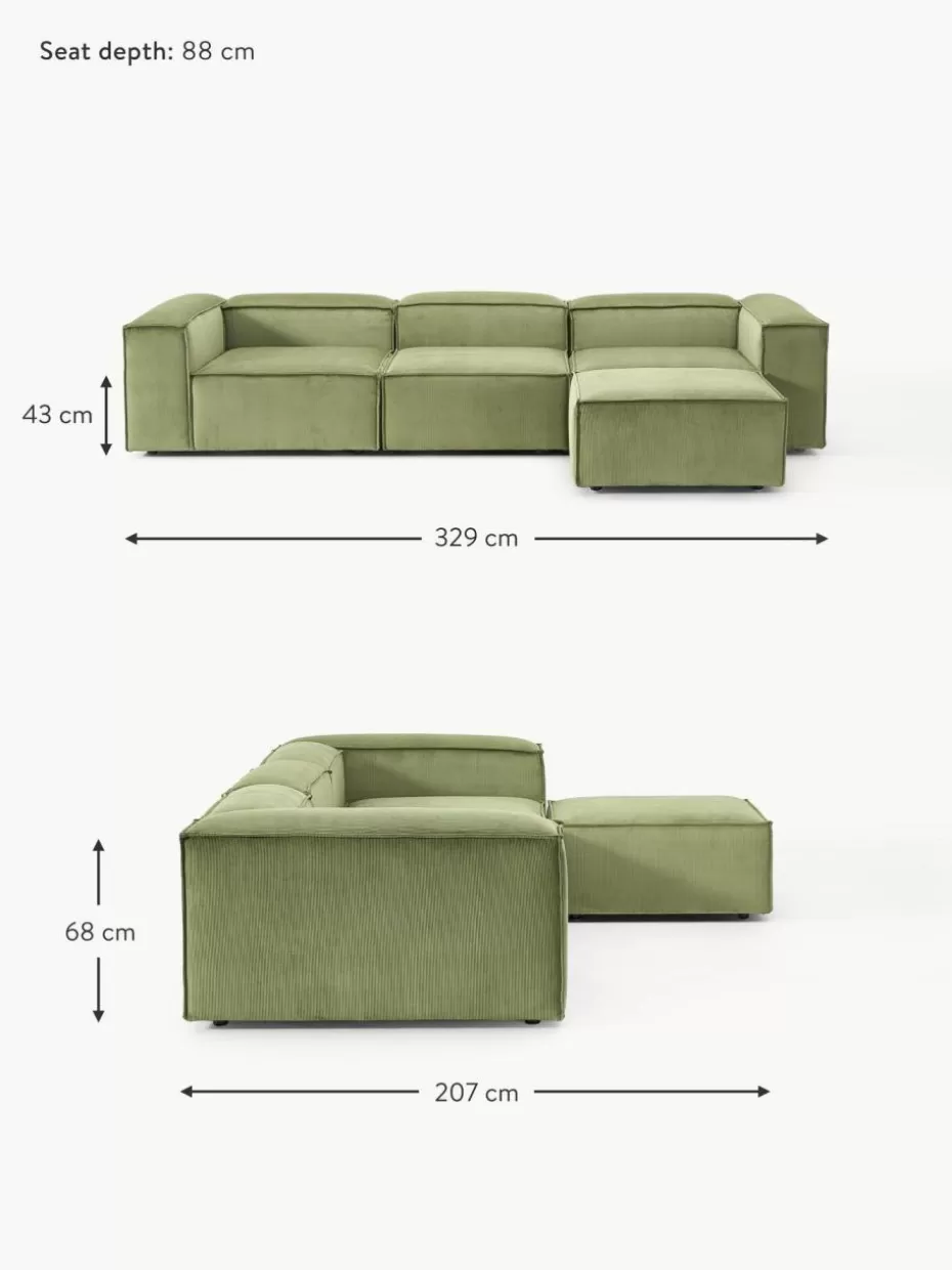Sofas | Sofaserien-Westwing Collection Modulares Sofa Lennon (4-Sitzer) aus Cord mit Hocker (links/rechts) Cord Olivgrün