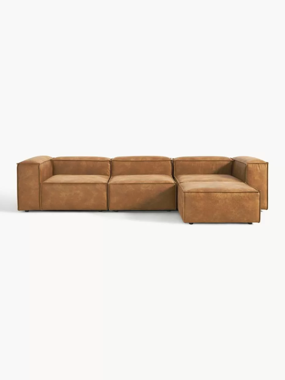 Sofas | Sofaserien-Westwing Collection Modulares Sofa Lennon (4-Sitzer) aus recyceltem Leder mit Hocker (links/rechts) Leder Braun