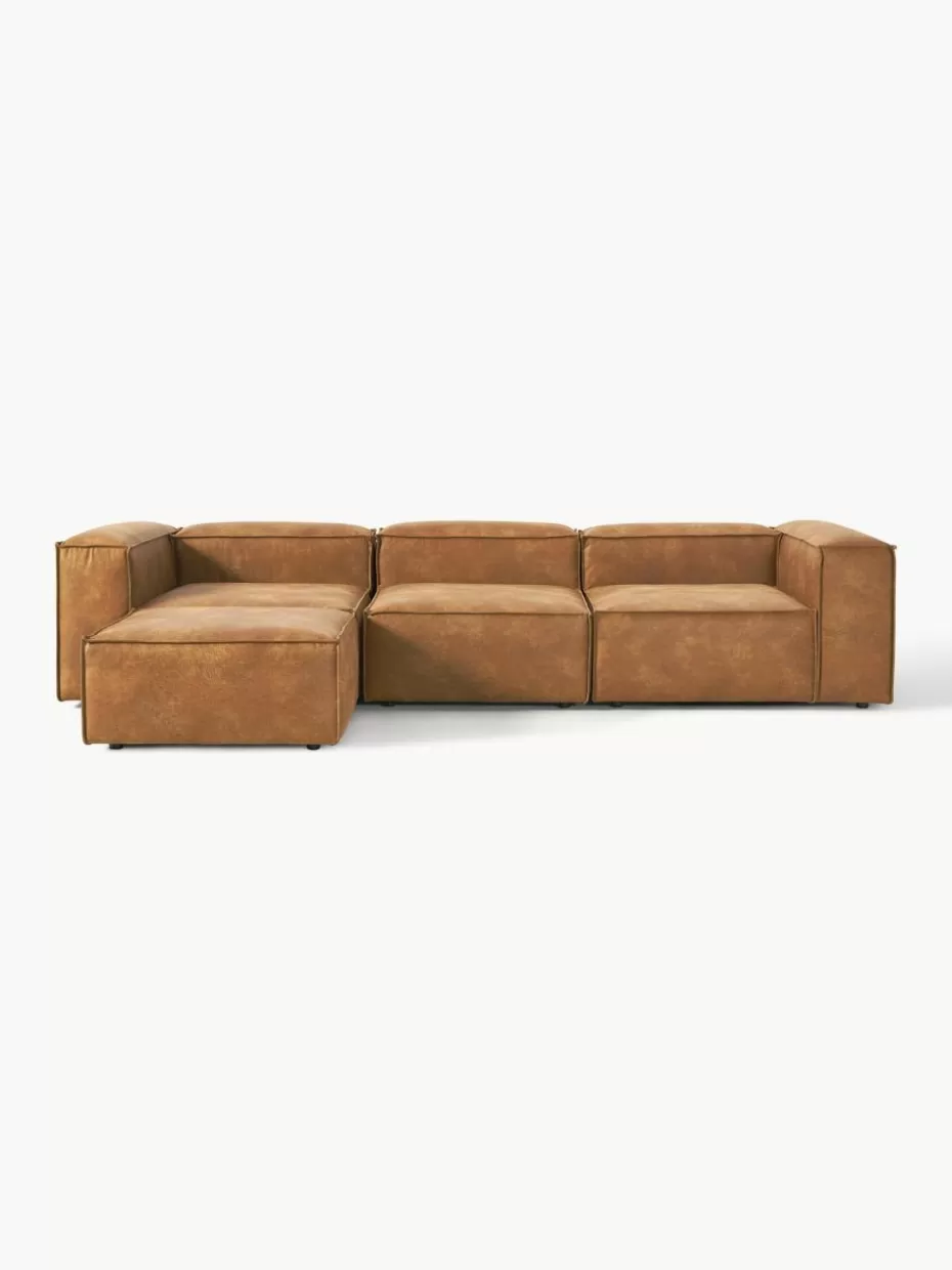 Sofas | Sofaserien-Westwing Collection Modulares Sofa Lennon (4-Sitzer) aus recyceltem Leder mit Hocker (links/rechts) Leder Braun