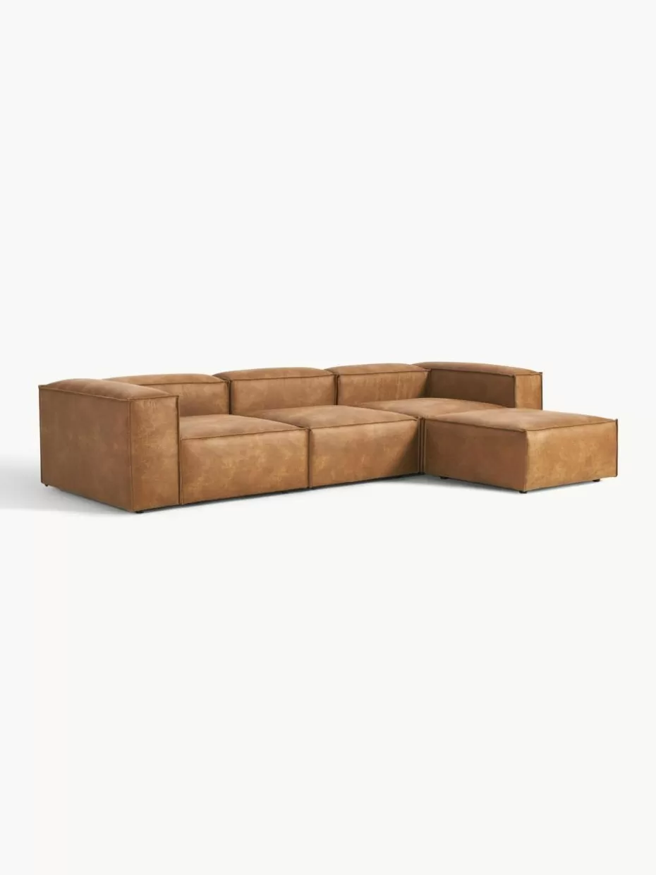 Sofas | Sofaserien-Westwing Collection Modulares Sofa Lennon (4-Sitzer) aus recyceltem Leder mit Hocker (links/rechts) Leder Braun
