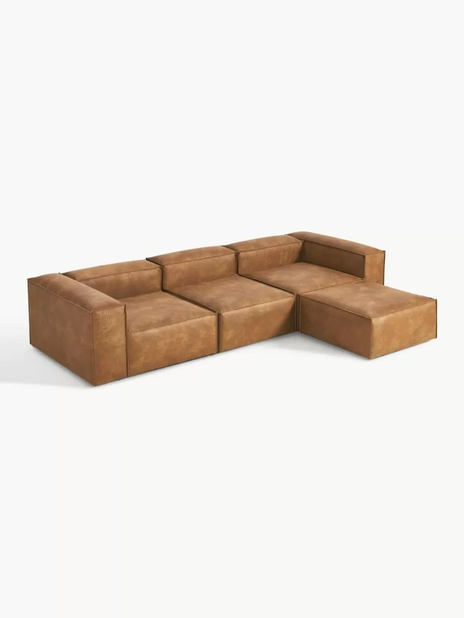Sofas | Sofaserien-Westwing Collection Modulares Sofa Lennon (4-Sitzer) aus recyceltem Leder mit Hocker (links/rechts) Leder Braun