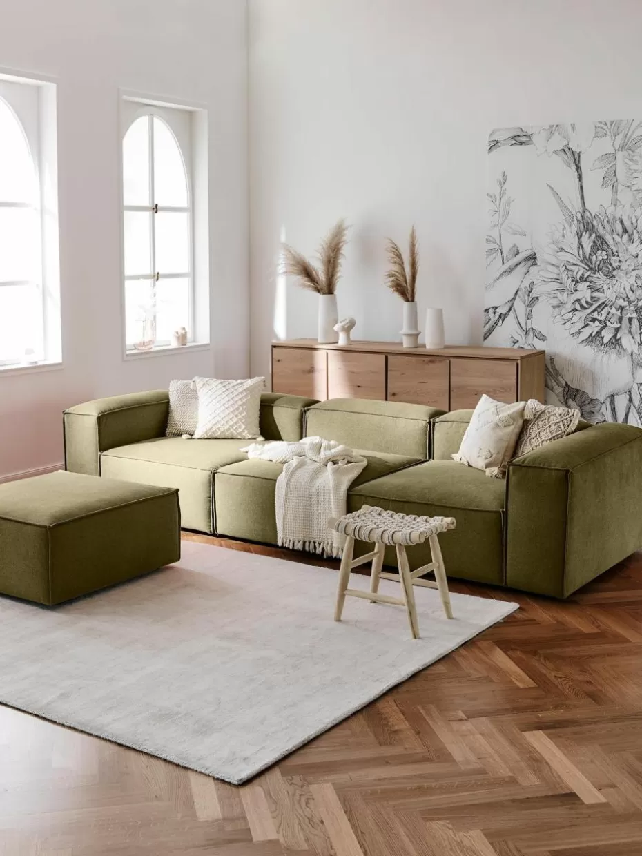 Sofas | Sofaserien-Westwing Collection Modulares Sofa Lennon (4-Sitzer) mit Hocker (links/rechts) Webstoff Olivgrün