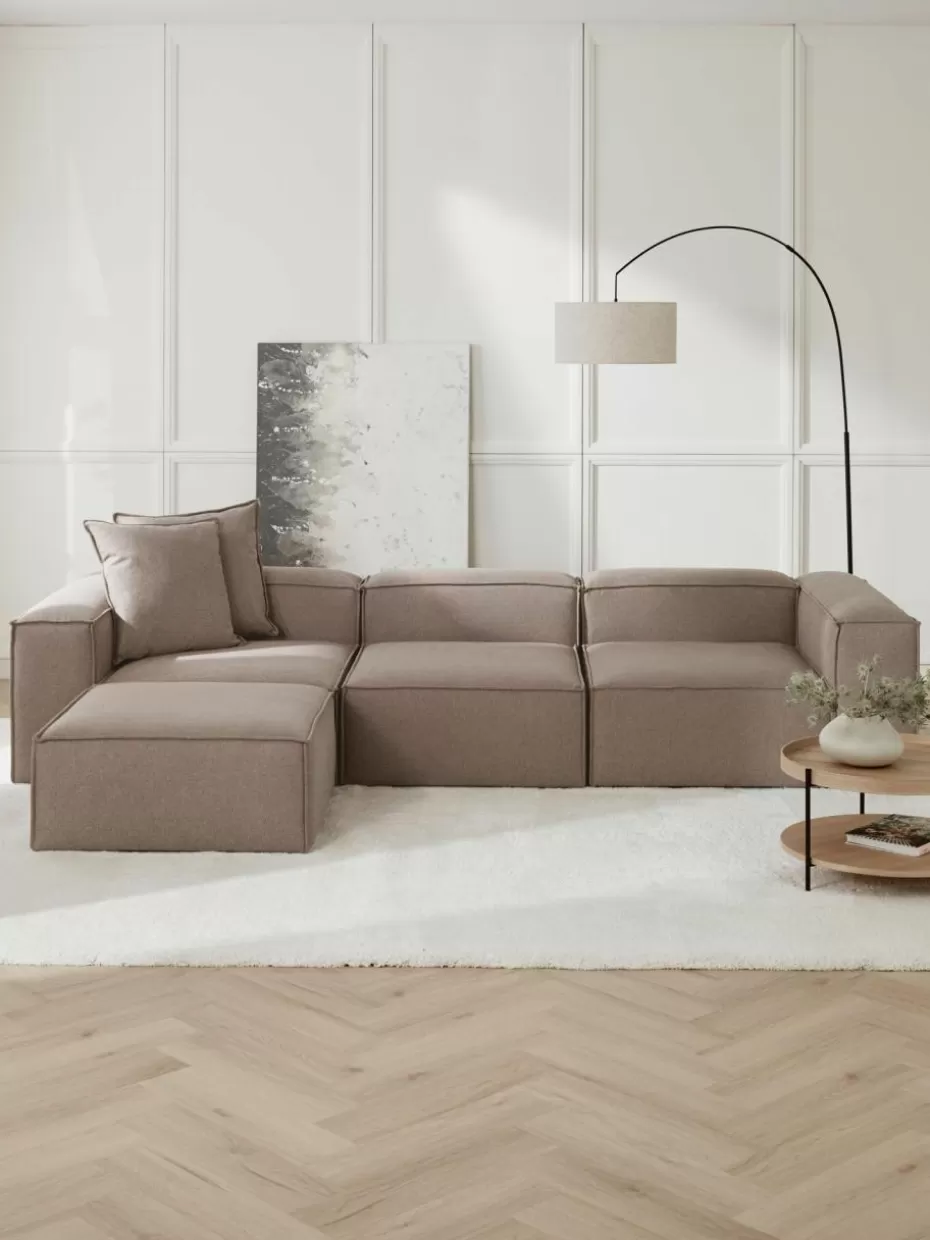 Sofas | Sofaserien-Westwing Collection Modulares Sofa Lennon (4-Sitzer) mit Hocker (links/rechts) Webstoff Taupe