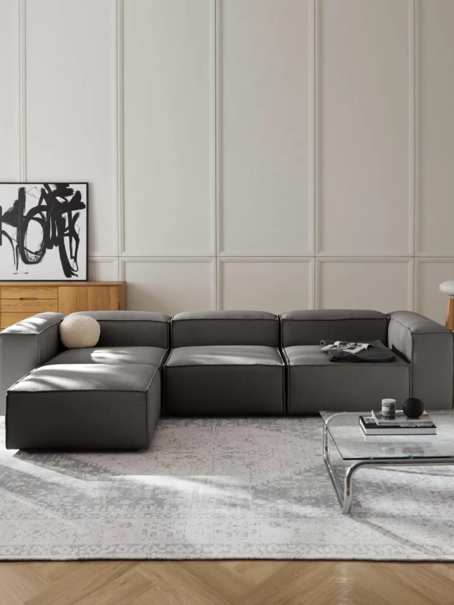 Sofas | Sofaserien-Westwing Collection Modulares Sofa Lennon (4-Sitzer) mit Hocker (links/rechts) Webstoff Anthrazit