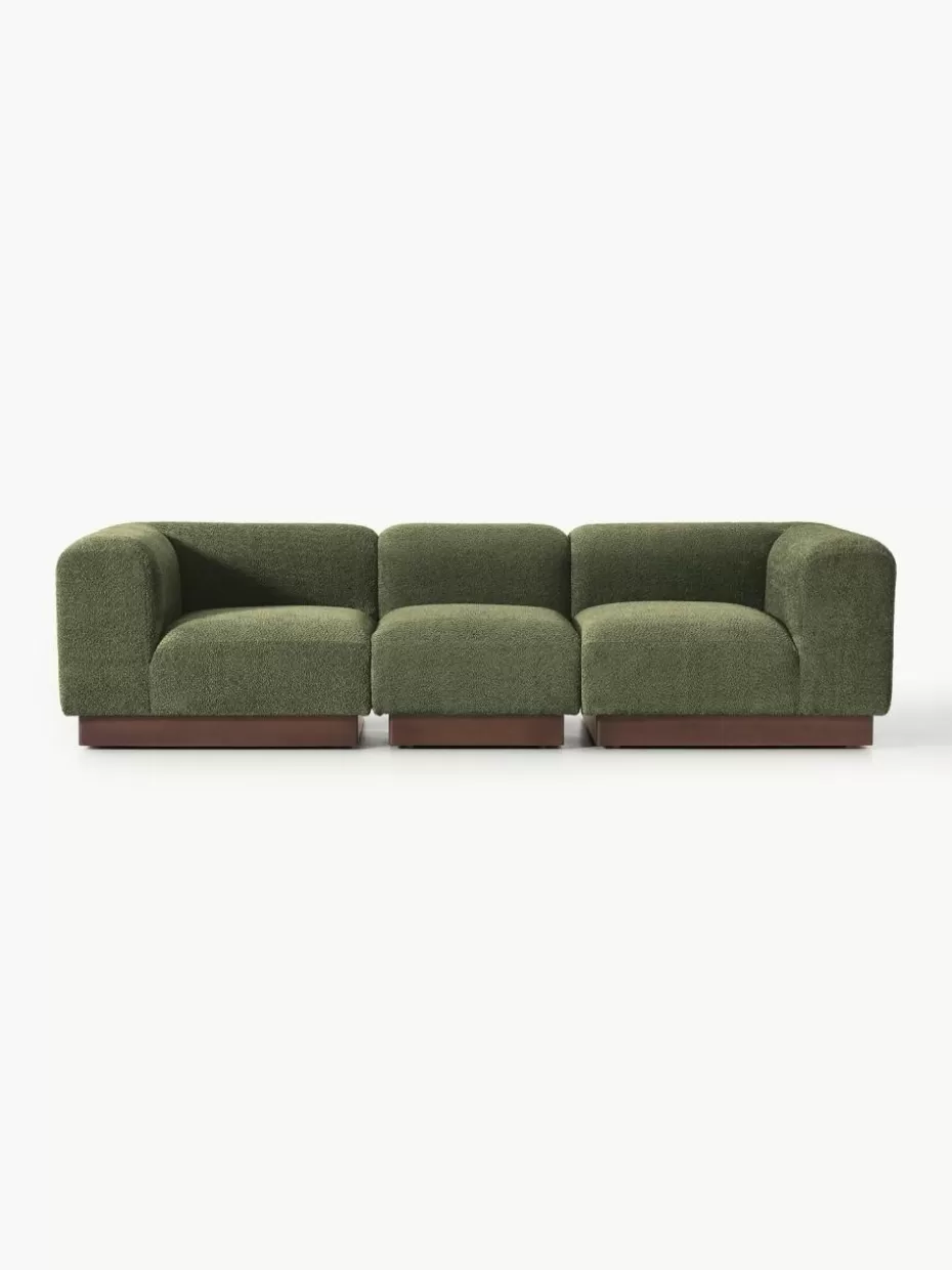 Sofas-Westwing Collection Modulares Sofa Natalie (3-Sitzer) aus Teddy-Bouclé Teddy-Bouclé Dunkelgrün, dunkles Buchenholz