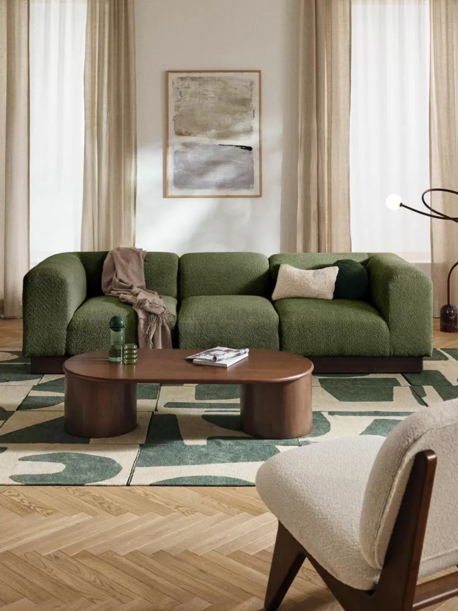 Sofas-Westwing Collection Modulares Sofa Natalie (3-Sitzer) aus Teddy-Bouclé Teddy-Bouclé Dunkelgrün, dunkles Buchenholz