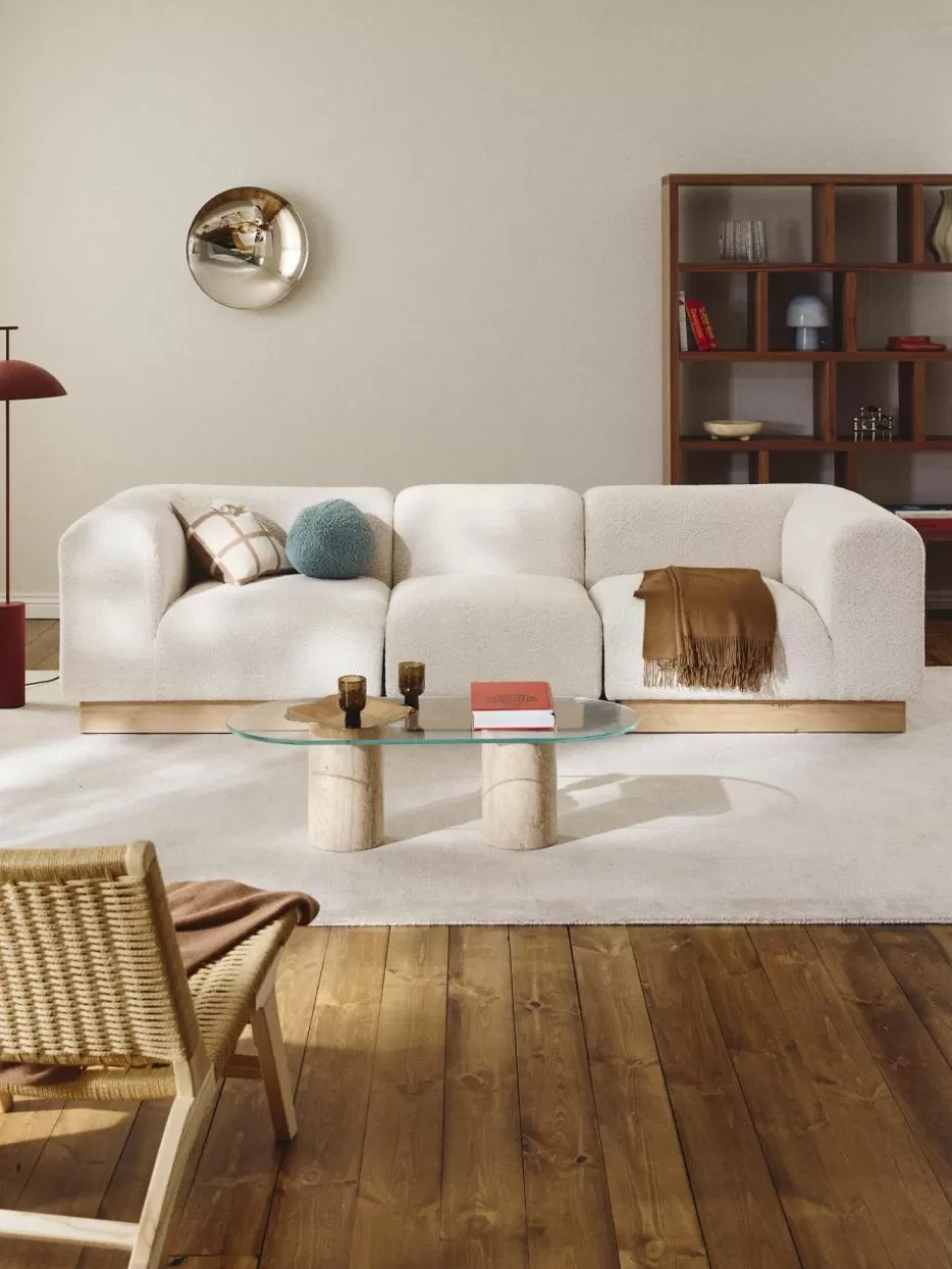 Sofas-Westwing Collection Modulares Sofa Natalie (3-Sitzer) aus Teddy-Bouclé Teddy-Bouclé Off White, helles Buchenholz